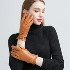 Женские перчатки из натуральной козьей кожи H, светильник-коричневые мягкие теплые зимние перчатки с цветочной окантовкой, L054
