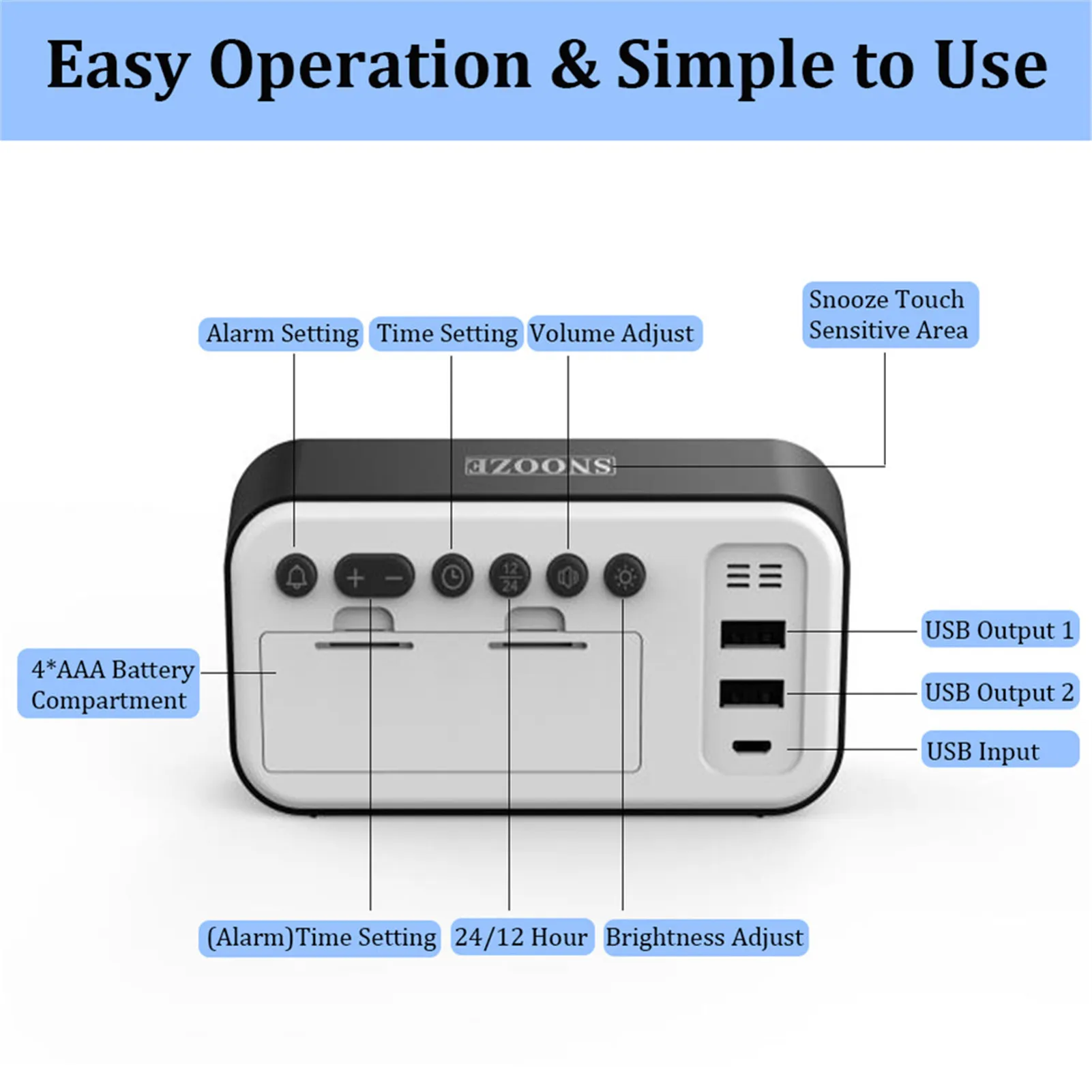 

Alarm Clock LED Digital Clock 2 Alarms Voice Control Snooze Temperature Display Electronic Clock Digital With USB Cable