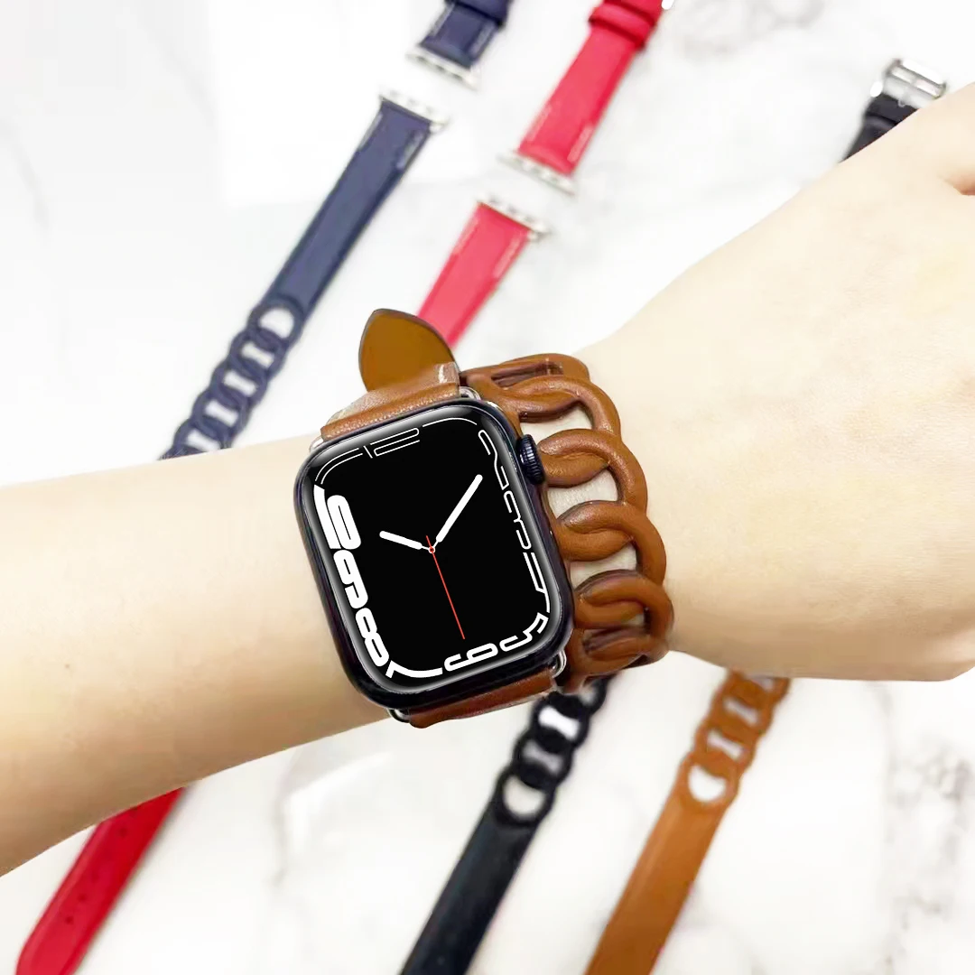 Двойной кожаный ремешок Gourmette для Apple Watch 7 band 45 мм/41 мм браслет из корреи 42/38 iwatch series