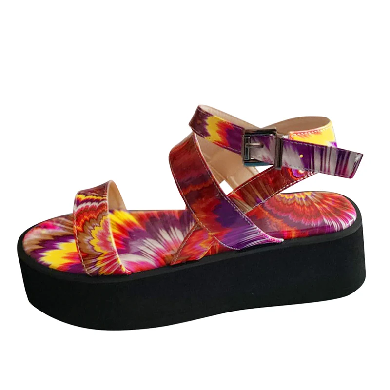 

Women's Flat Platform Sandals Colorful Summer Print Ladies Ankle Buckle Strap Sandalias Mujer Shoes Female Casual Woman