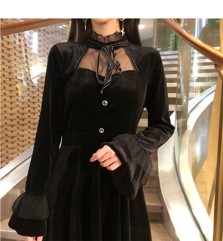 Новое поступление Осеннее винтажное модное платье с длинным рукавом черное