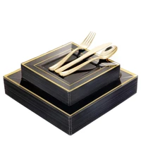 20 guest black square plastic plates with gold rim gold disposable cutlerysilverware plastic dinnerware set for weddingparty