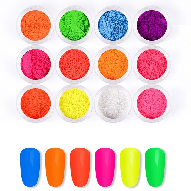 

12 Colors Fluorescent Nail Powder Neon Phosphor Colorful Nail Art Halloween Glitter Pigment 3D Luminous Decorations