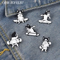 black white bulldog skateboard enamel pin lapel clothes brooch animal dog badge women kids party jewelry punk gift wholesale