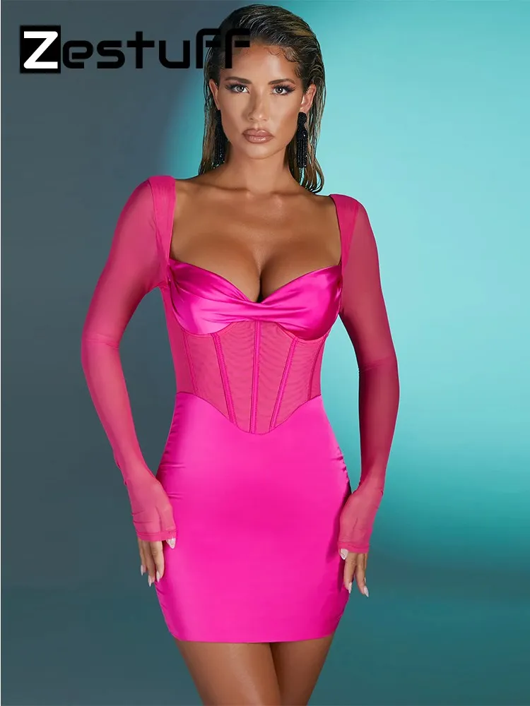 

Zestuff New Autumn Woman Square Neck Corset Mesh Mini Long Sleeve Dress With Lined Rubber Casual Club Party Outfits Sexy Dress