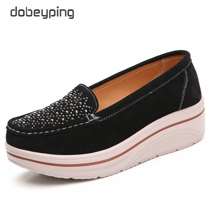 Spring Autumn Women Flats Shoes Platform Female Sneakers Moccasins Shoes Woman Crystal Slip On Shoe Suede Leather Ladies Loafers