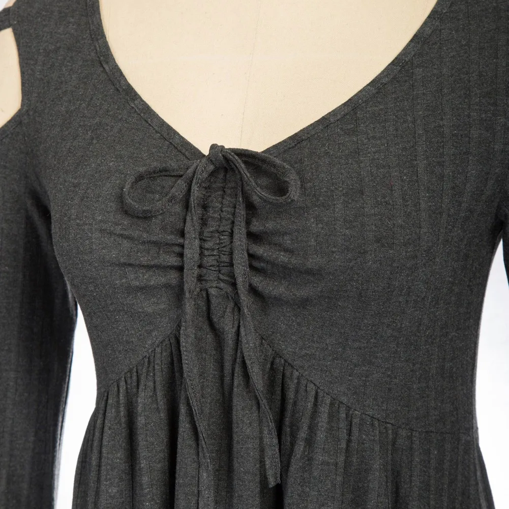 

Lady Breathable Solid Stripe Long Sleeve Tops Irregular Hem Hollowed-Out Shoulder Shirt Women V-Neck Tops