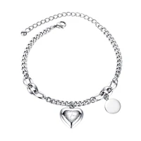 womens bracelet stainless steel love heart round pendant chain bangle fashion jewelry gift for girls