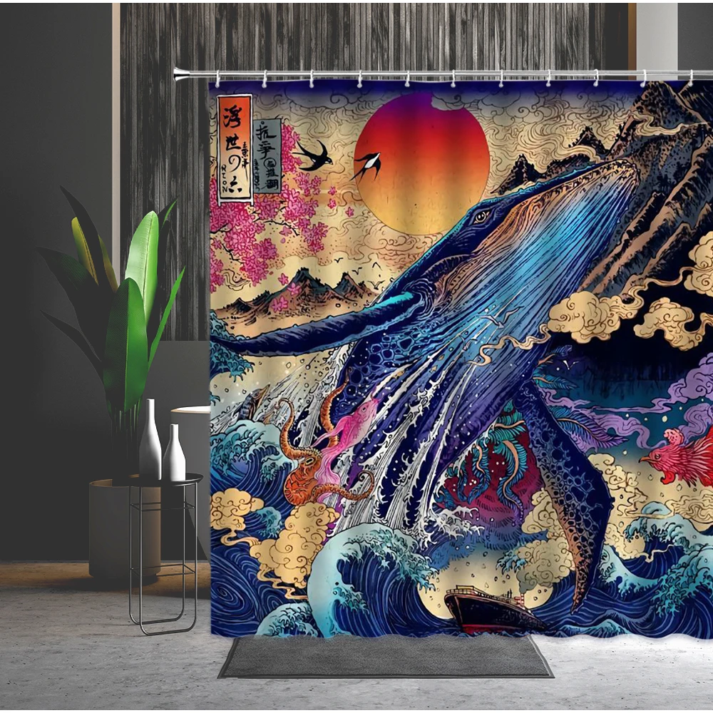 

Waves Shower Curtain Fish Washable Bathtub Partition With Hook Home Decor Supplies Hand Painted Ocean scenery Bathroom Curtains