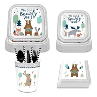 cartoon jungle bear disposable dinner tableware sets and decoration happy birthday wild one animals baby shower party supplies