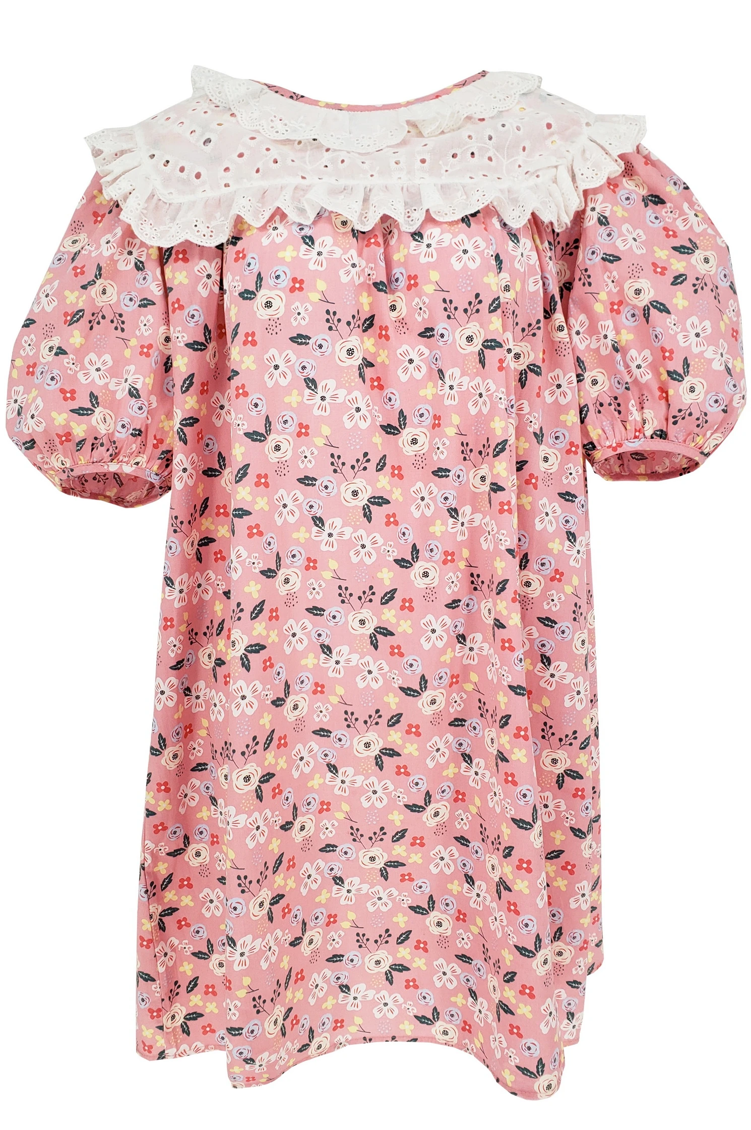 

Korean Custom Pink Floral Sweet Lantern Sleeve Loose Waist Lace Collar Princess Dress