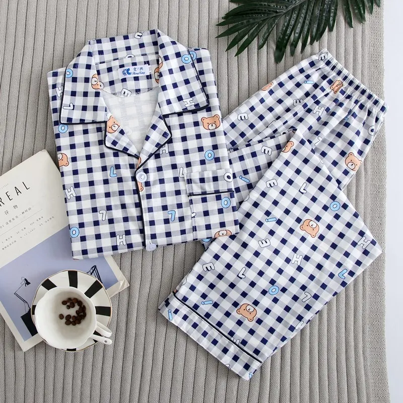 Brand Spring Summer Autumn Men Pajamas Set Shirt & Shorts Plaid Male Pijamas Sleepwear Buttons Closure Pure Cotton Home Clothing