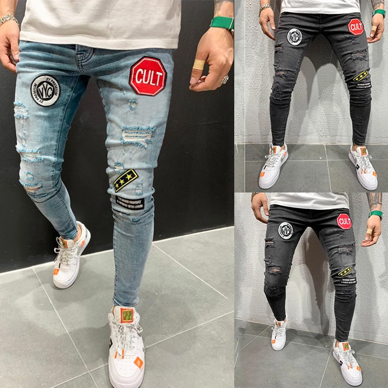 Jeans autumn new European code Men's embroidery hole torn fashion jeans men's casual Slim blue black hip hop large size | Мужская