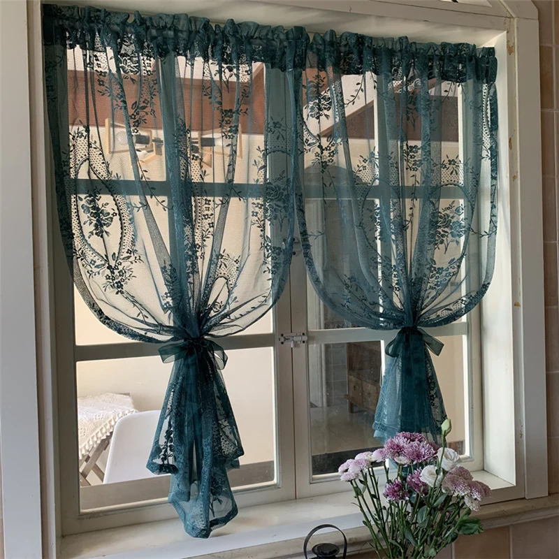 

1PC French Lace Short Curtains For Kitchen Bay Dark Green Cafe Half Sheer Cupboard Drapes Window Valance Home Decora DL-JD1108