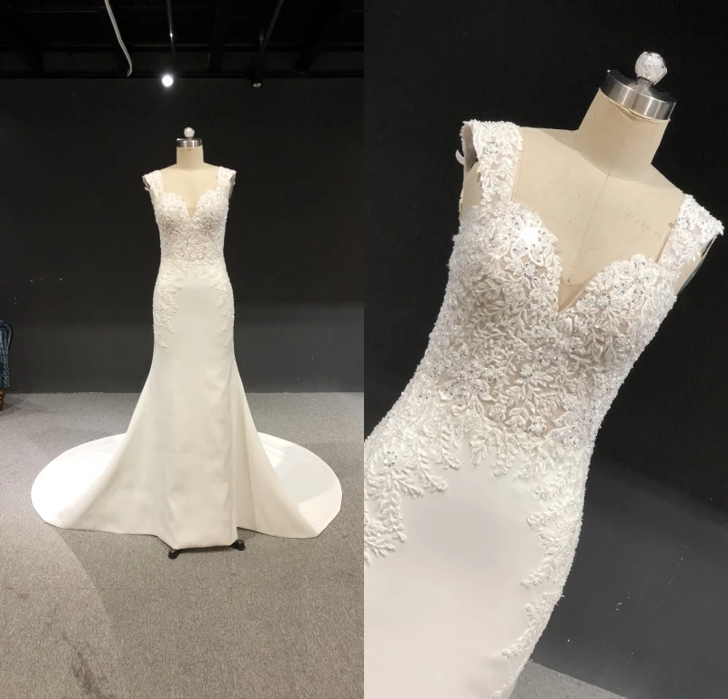 

High Quality Real Picures Ivory Sweet Heart Lace Satin Heavy Beads Sleeveless Mermaid Floor Length Long Train Wedding Dresses
