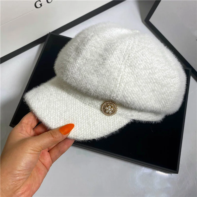

Autumn Winter Soft Imitation Mink Pearl Flower Button Leisure Newsboy Lady Octagonal Hat Women Visors Cap