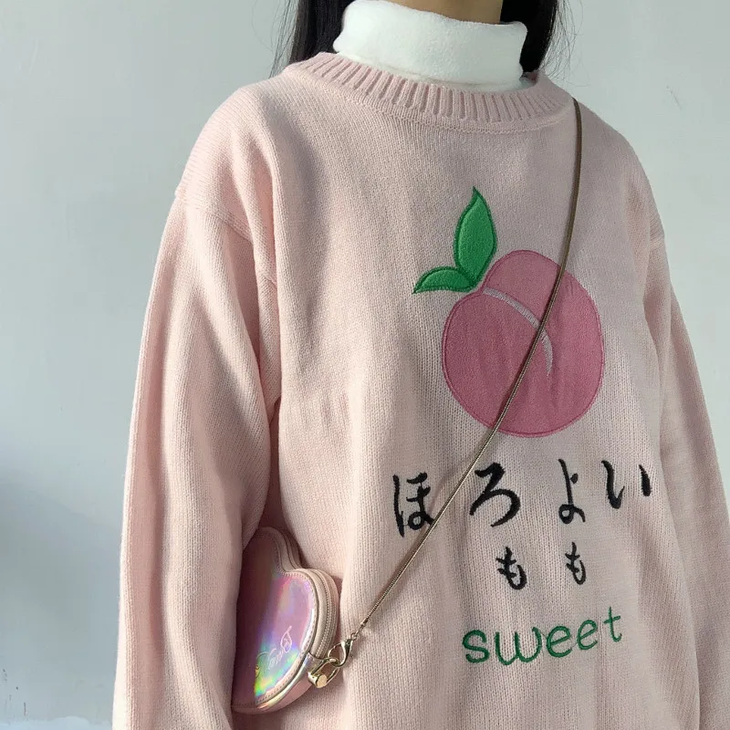 Peach Embroidery Pink Colour Lovely Woman Sweater Loose Round Neck Long Sleeve Female Autumn Winter Pullovers | Женская одежда
