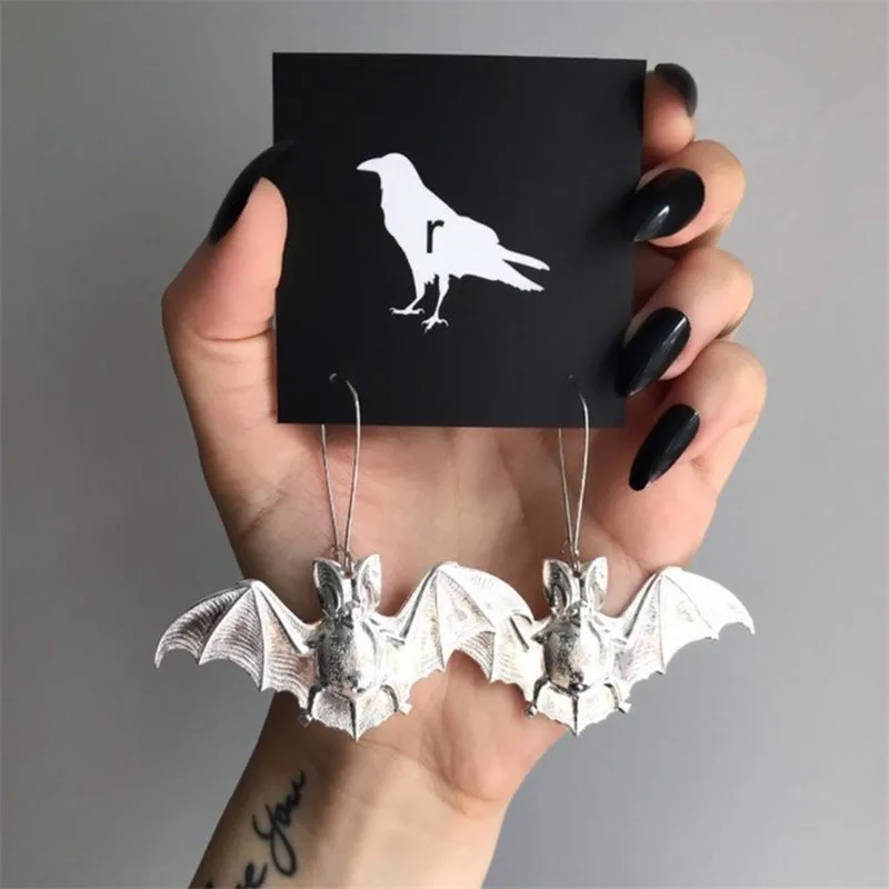 

#F40GG Gothic Jewelry the Big Silvertone Bat Earrings for Women Witchy Goth Halloween Bat Hoop Earrings Hanging Bat Charm Grunge