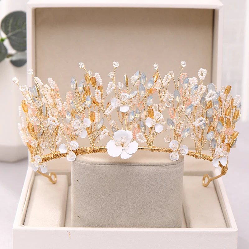 Золотая тиара и корона для королевы принцессы цветок ручной работы Хрустальная