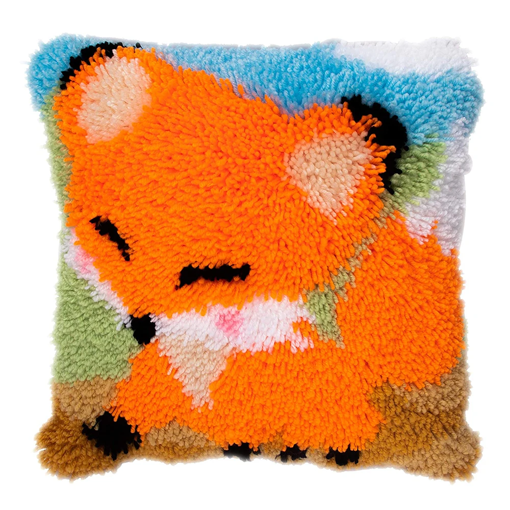 

Latch Hook Kits for Adults Kids Crochet Yarn Kits Color-Coded Canvas fox Pattern Sofa Hobby Decor DIY Throw Pillow Cover