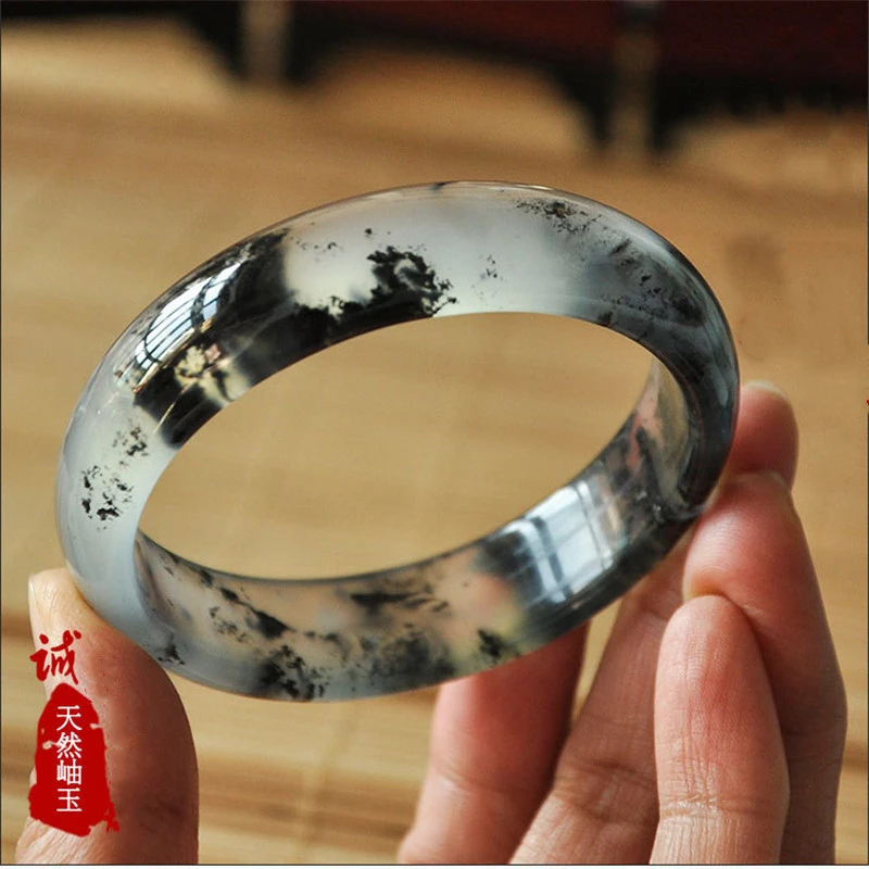 

Chinese Natural Ink Color Hand-carved Wide Bar Jade Bracelet Fashion Boutique Jewelry Women Ice Color Jewelry Accessory Gift