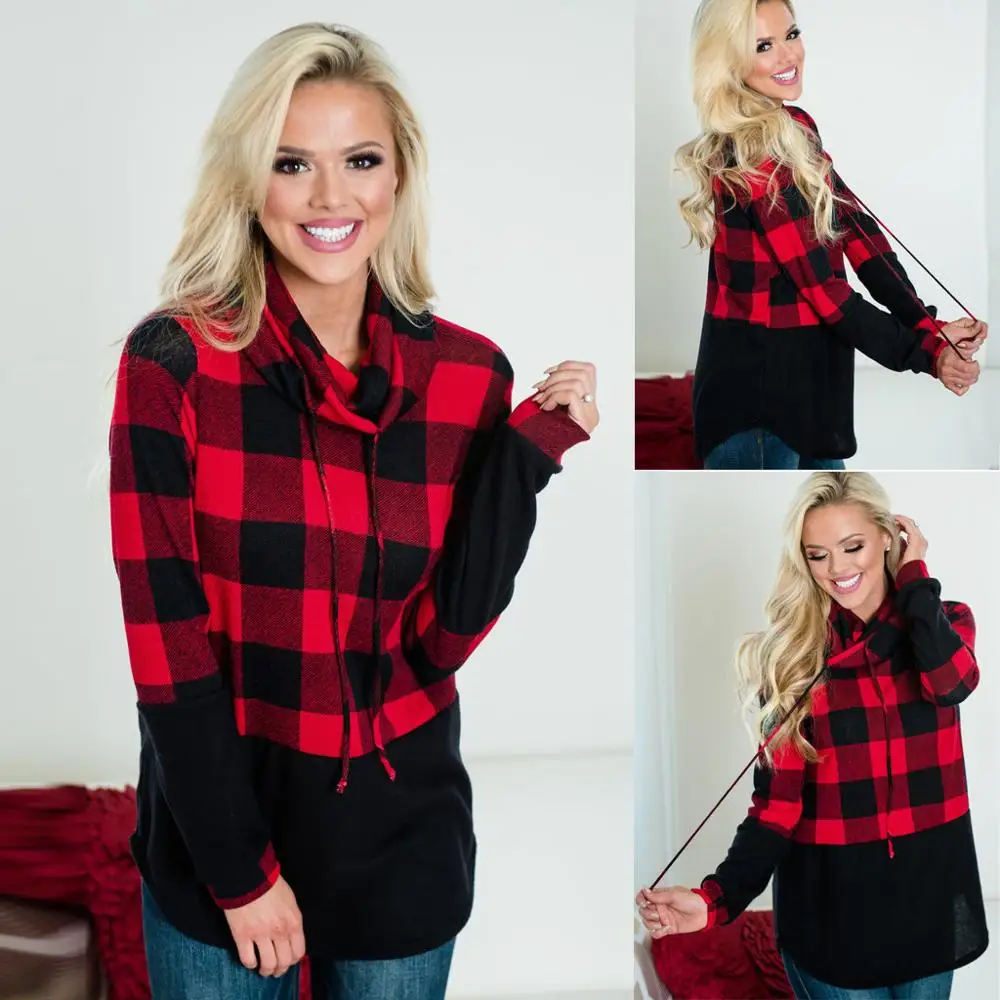 

Womens Blouse Stand Collar Long Sleeves Plaid Splicing Drawstring Easy Tops blusa social feminina blusas elegante de mujer BB3M