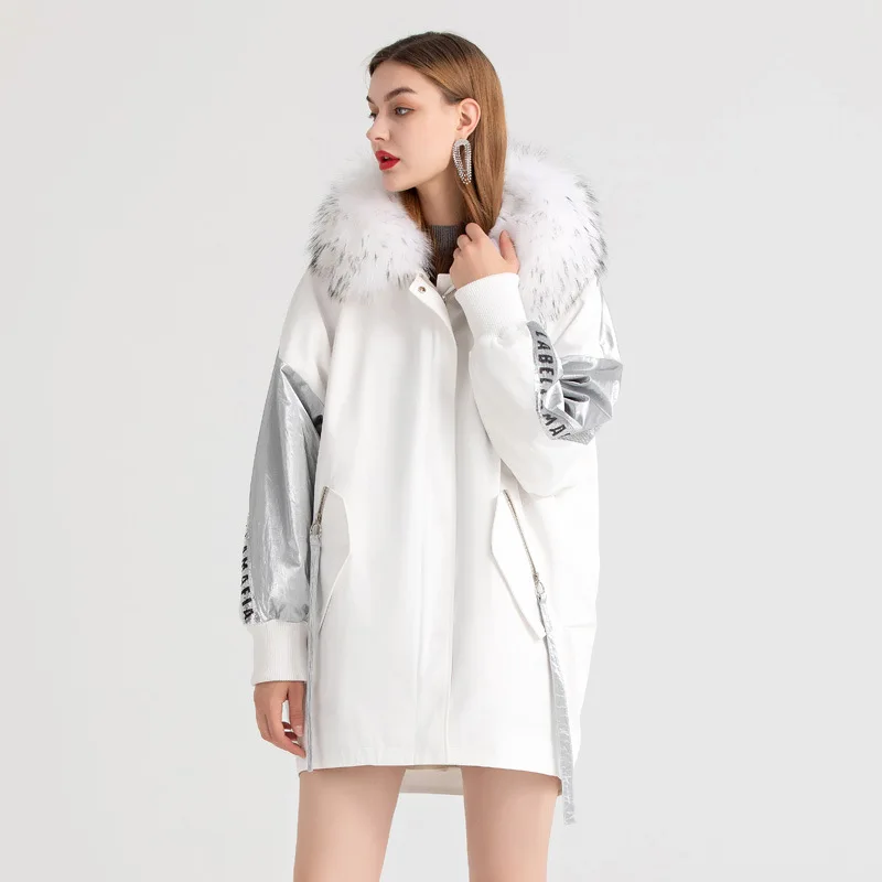 Women Parkas Winter White Fashion Splicing Pocket Overcoats Detachable Rabbit Hair Liner Raccoon Dog Fur Collar Windproof Coats