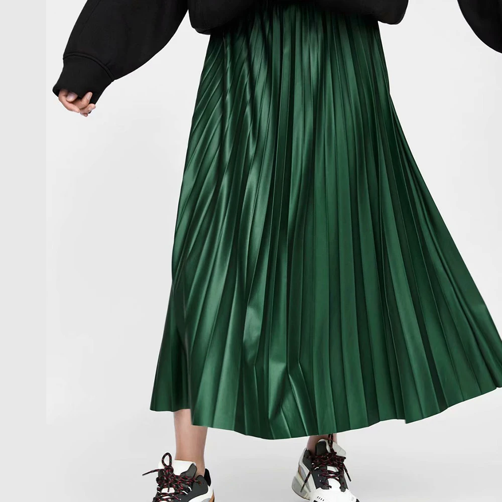 Женская плиссированная юбка ZA однотонная длинная из атласной ткани с высокой