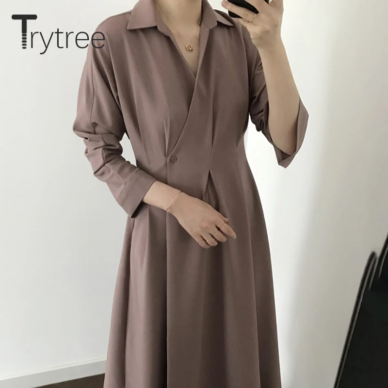 Осень зима 2020 женское Повседневное платье трапеция Trytree с отложным воротником
