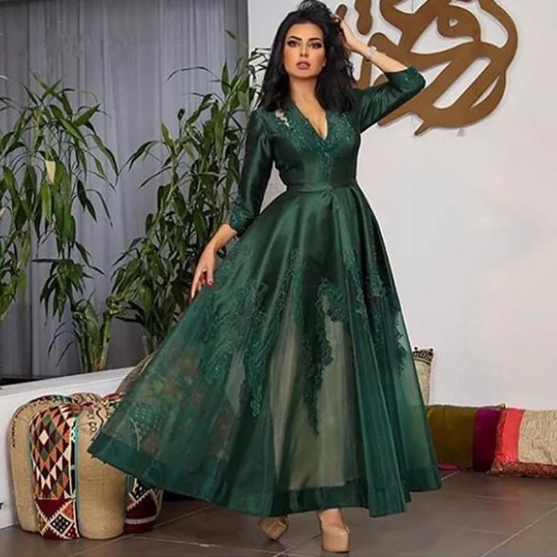 

2021 Arabic Emerald Green Lace Evening Dresses Full Sleeves Appliques Ankle Length Elegant Prom Gowns Party Dress