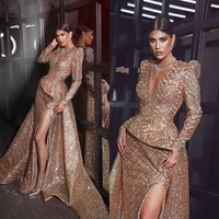 champagne evening dresses a line squine deep v neck high split long sleeves floor length formal party prom gowns