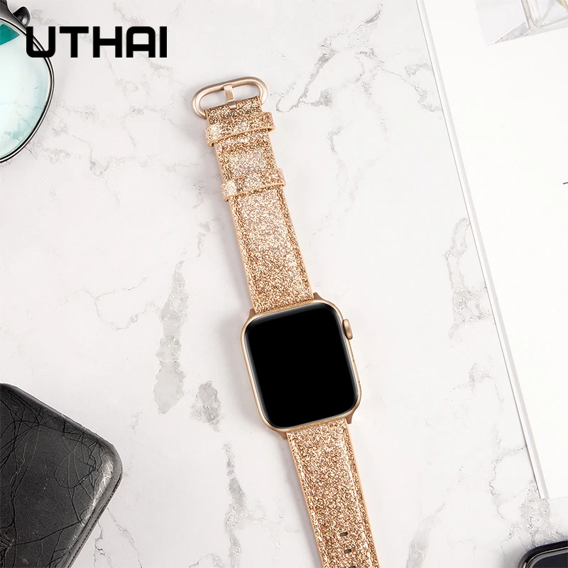 UTHAI кожаный ремешок для Apple Watch band 40 мм 44 apple wtch 4/5 модный браслет iWatch 3/2/1|Ремешки