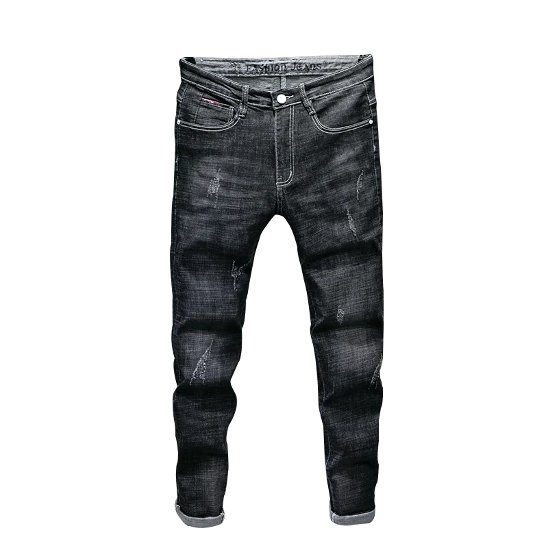 Mens jeans spring and summer four seasons jeans men's slim elastic black feet pants Korean trend casual straight trousers