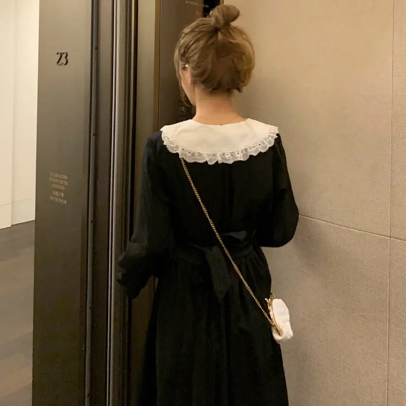 

Women's Spring Autumn Style Dress Vintage Peter Pan Collar Patchwork Button Lace Up Long Sleeve Casual Dress AA3366