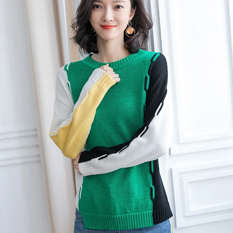 Fashion Autumn Winter Women Knitted O Neck 2 Patchwork Sweater Office Lady Loose Size S-xl Pullover Jl-aym1938 | Женская одежда