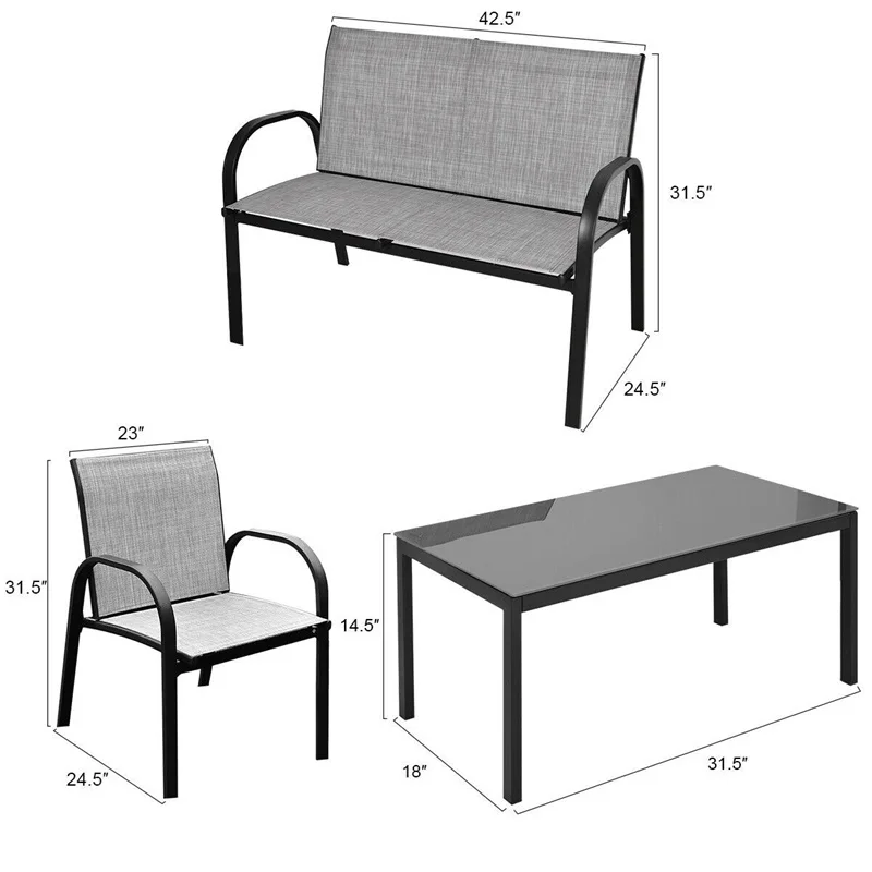 

4 pcs Patio Furniture Set with Glass Top Coffee Table Solid Steel Frame Large Table Top Fashionable and Modern Style