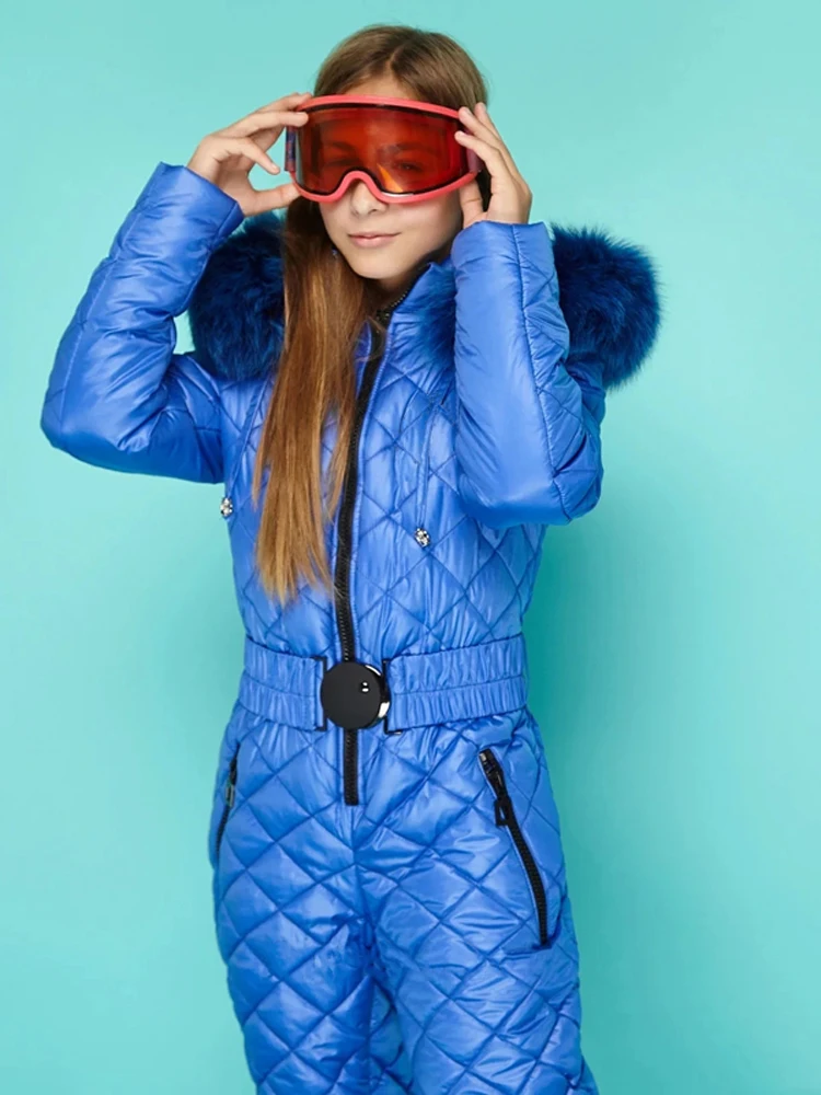 

One Piece Snowsuit Girls Fur Hooded Zipper Parka Winter Outerwear Ski Jumpsuit Quilted Coat Cotton Padded Kids Snowboard Suits