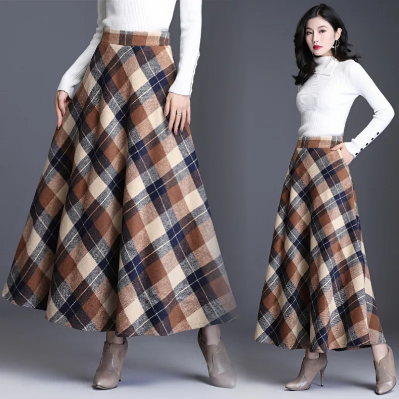 

Women's Vintage A-Line High Waist Woolen Skirts Maxi Skirts Female Casual Long Streetwear Skirt