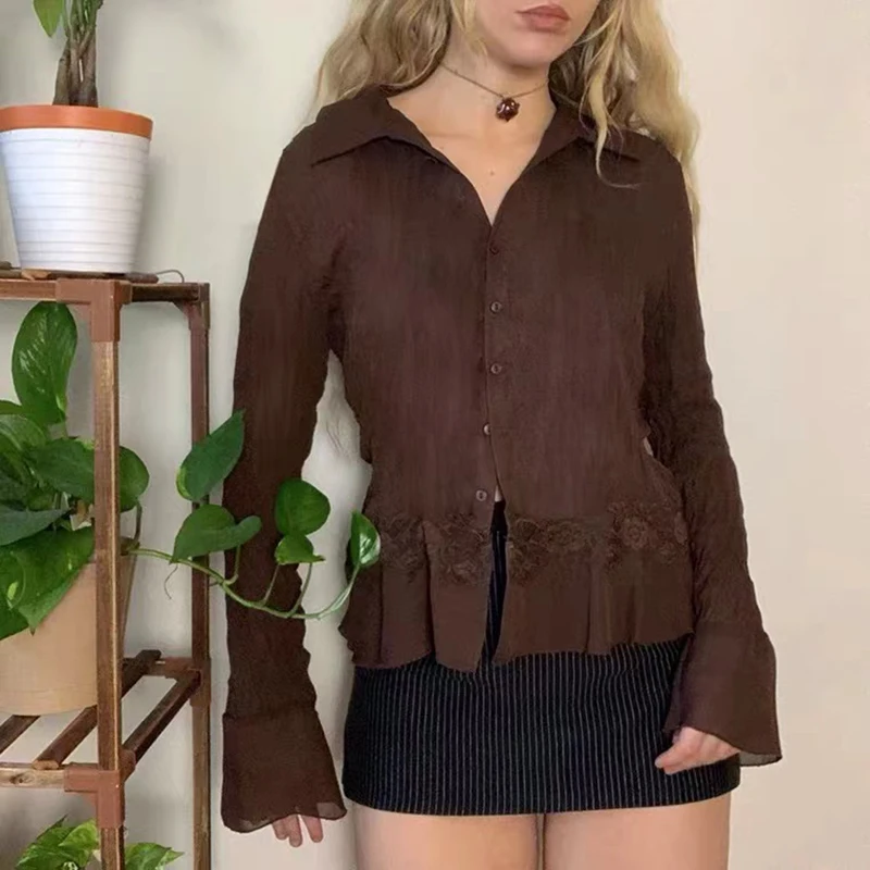 

Fashion Causal Y2K Women's Shirt Lace Smocking Stitching Flounced Chiffon Blouses Female Women Clothing High Street Autumn Shirt