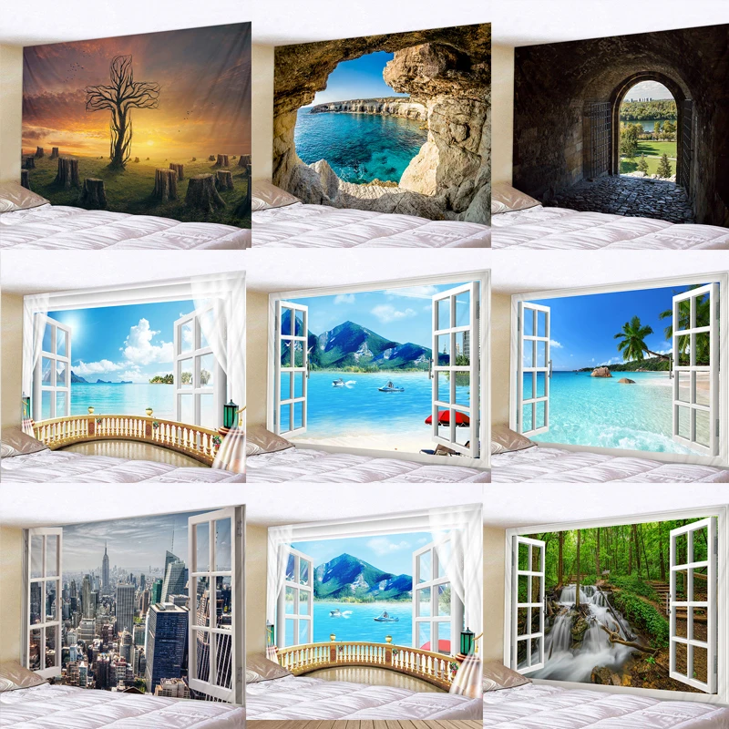 Красивый большой настенный гобелен с рисунком природного леса вид на море хиппи