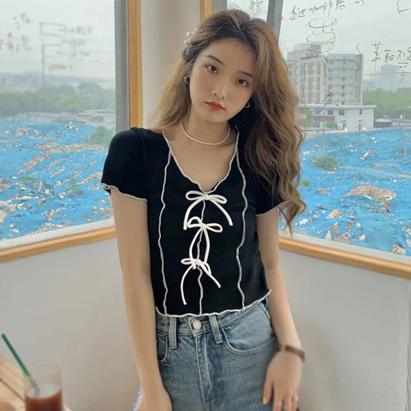 

Женские милые футболки с круглым вырезом и бантом, летняя повседневная трикотажная футболка с коротким рукавом, женские облегающие Топы