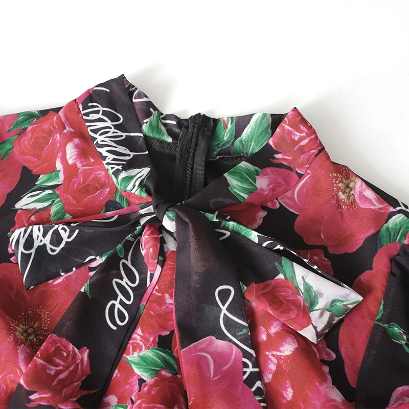 

African Print Dresses Women African Vintage Bow Neck Chiffon Pleated Elegant Office Dress Lady Ankara Plus Size Africa Clothing