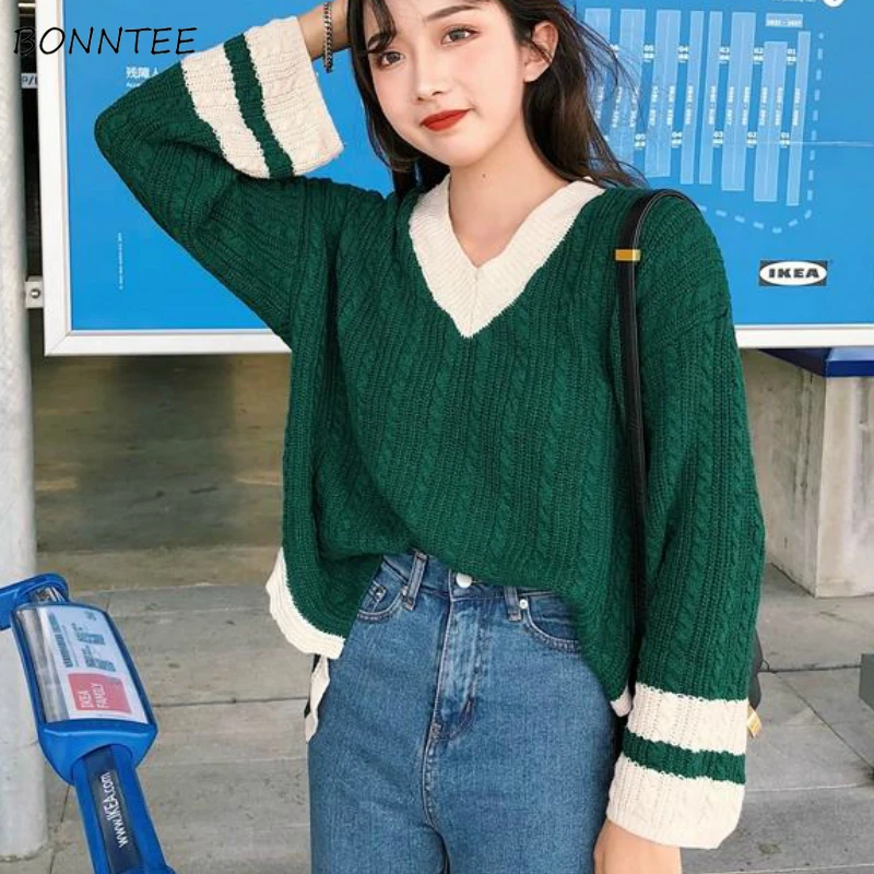 

Женские пуловеры, весна 2020, трендовые трикотажные джемперы оверсайз с глубоким v-образным вырезом, стильные универсальные Джемперы в стиле ...