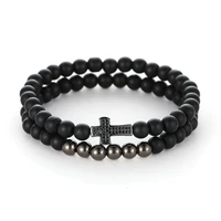 2pcsset trendy matte black 6mm bead stone creative bracelet pave cz cross bracelets bangle for womenmen noble jewelry pulseras