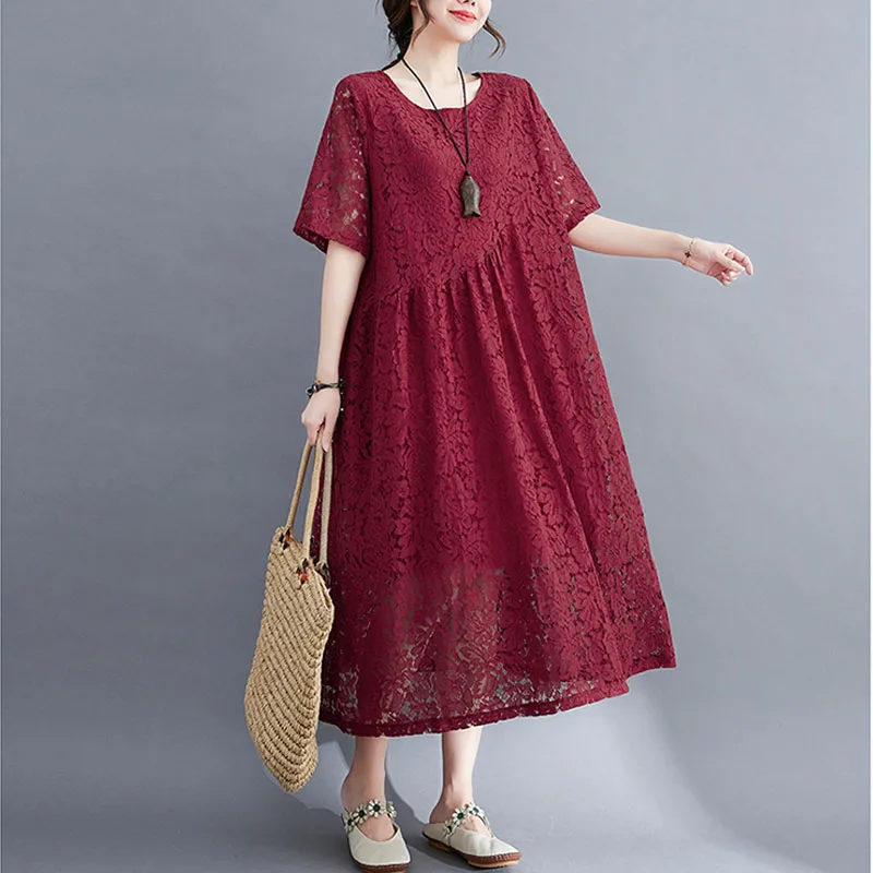 Цельнокроеное женское кружевное платье винтажное летнее свободное миди