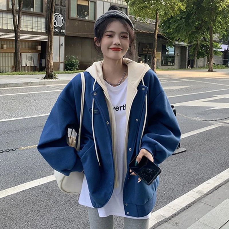 

Hooded Jacket Female Student Fake Two Piece Design 2021 Autumn Winter Korean New BF Style Loose Long Sleeve Hooded Top