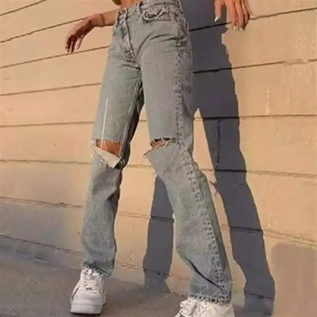 

Women Spring New Fall High Waist Jeans Light Blue Fit Denim Pants Lady Autumn Casual Washed Female Full Length Trousers Clothing