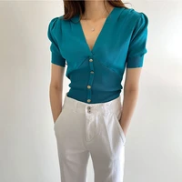 korean fashiont deep v neck womens tshirt summer 2021 office lady single breasted short sleeve elegant knitted tops white