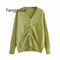 fengguilai fashion female v neck pullovers casual knitwear jumpers girls outwear stylish chic women ruched drawstring sweater