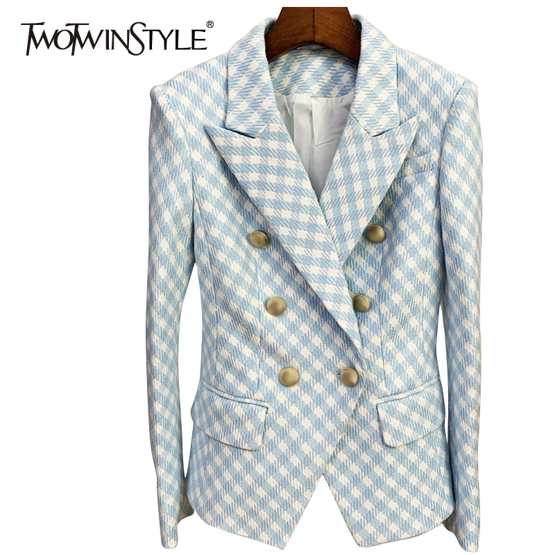 

TWOTWINSTYLE Grid Colorblock Coats For Female Lapel Collar Long Sleeve High Waist Slimming Women's Casual Coat Fashion New 2021